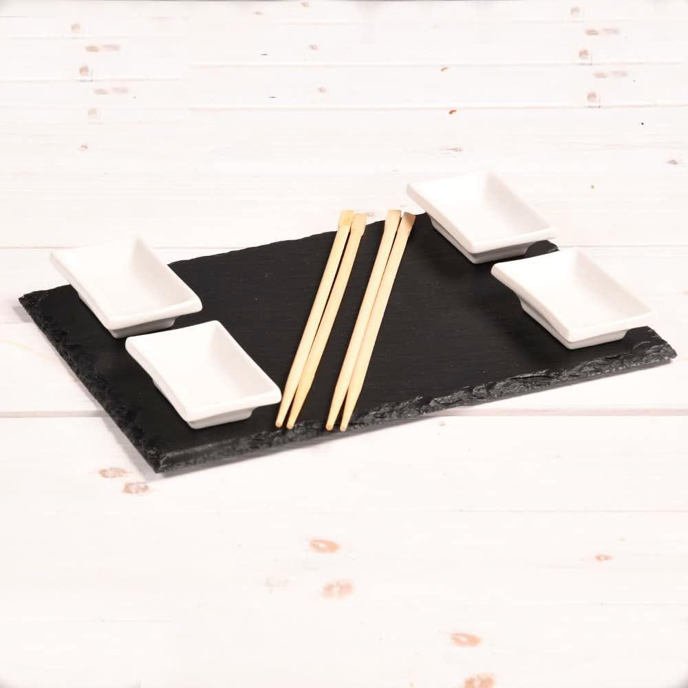 Kesper | 2 Schieferplatten mit 4 Dipschalen + 10 Ess-Stäbchen, Material: Schiefer, Masse: B: 30 x T: