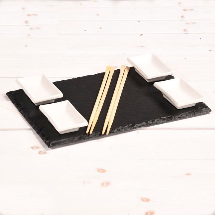 Kesper | 2 Schieferplatten mit 4 Dipschalen + 10 Ess-Stäbchen, Material: Schiefer, Masse: B: 30 x T: