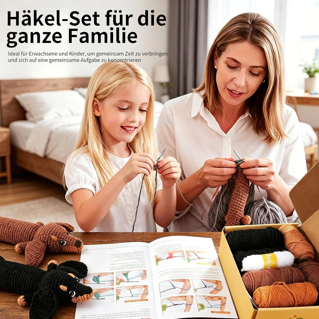 SHYSBV Häkelset für Anfänger Set- Tier Kit mit Dackel, komplettes Garn Set mit Häkelnadeln, Zubehör
