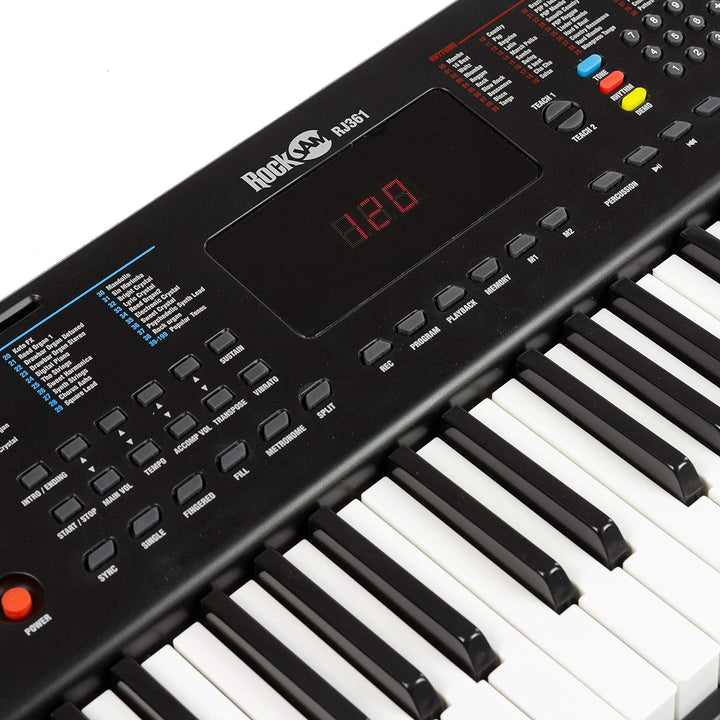 RockJam Compact 61 Key Keyboard with Sheet Music Stand, Power Supply, Piano Note Stickers & Simply P
