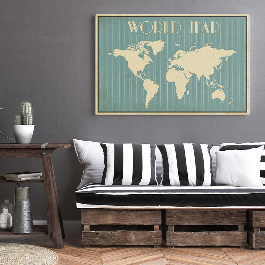 PICANOVA Weltkarte Art Deco 90x60cm - Premium-Leinwand-Kunstdruck - Leinwand-Druck-Wand-Kunst-Dekor-