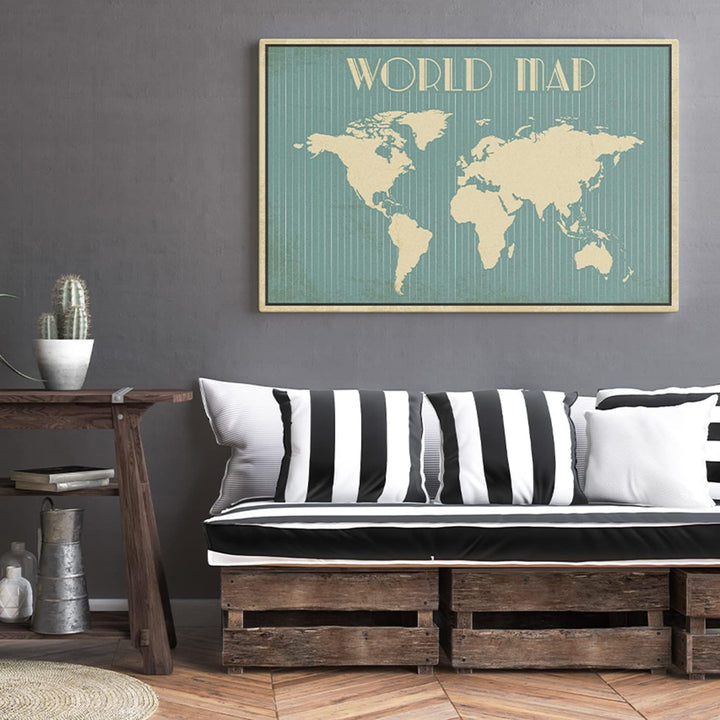 PICANOVA Weltkarte Art Deco 90x60cm - Premium-Leinwand-Kunstdruck - Leinwand-Druck-Wand-Kunst-Dekor-