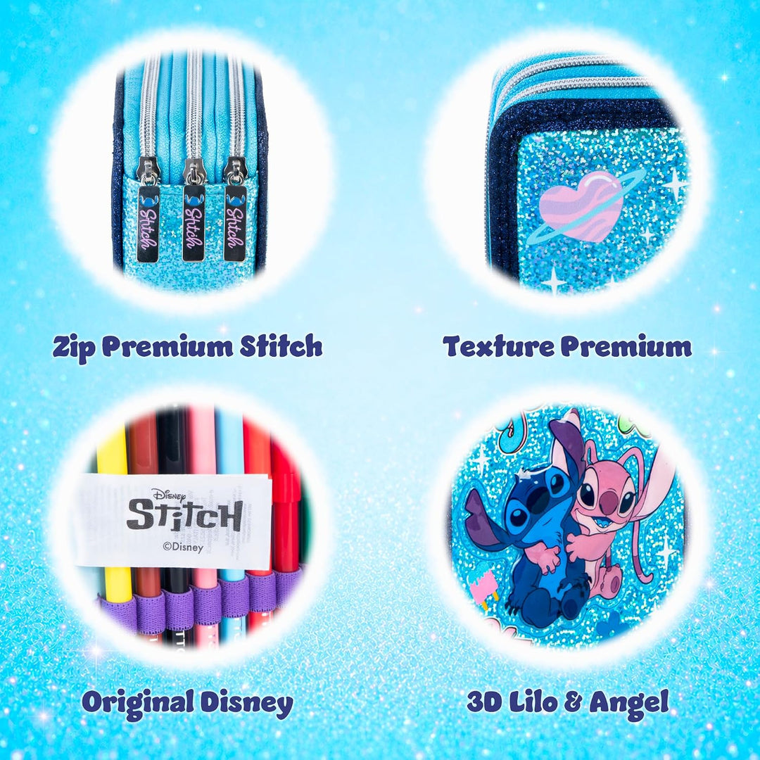 Stitch &amp; Angel 3D-Glitzer-Etui (2026–2027) mit 3 Reissverschlüssen – Luxuriöses Mäppchen mit 3 Fäche