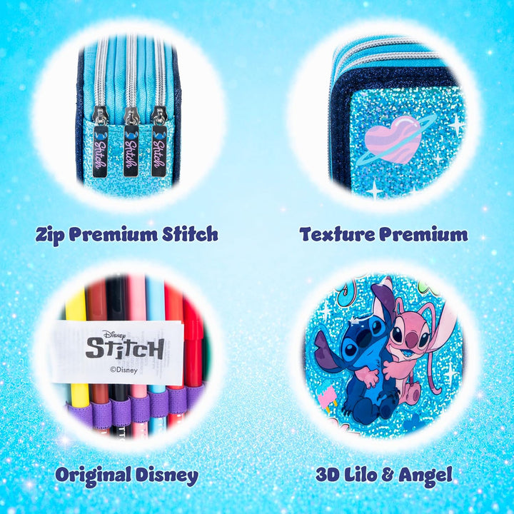Stitch &amp; Angel 3D-Glitzer-Etui (2026–2027) mit 3 Reissverschlüssen – Luxuriöses Mäppchen mit 3 Fäche