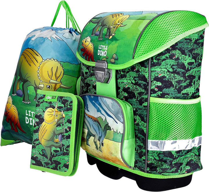 Dinosaurier Schulranzen Set Junge 1 KLASSE | Set 3 TEILIG FÜR GRUNDSCHULE | SUPER LEICHT | ERGONOMIS