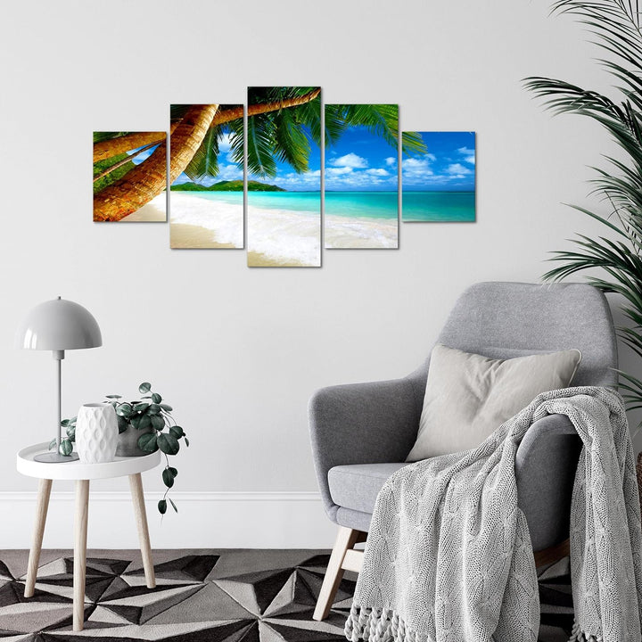 Runa Art Wandbilder Strand Palmen 5 Teilig Bild auf Vlies Leinwand Deko Schlafzimmer Wohnzimmer Meer