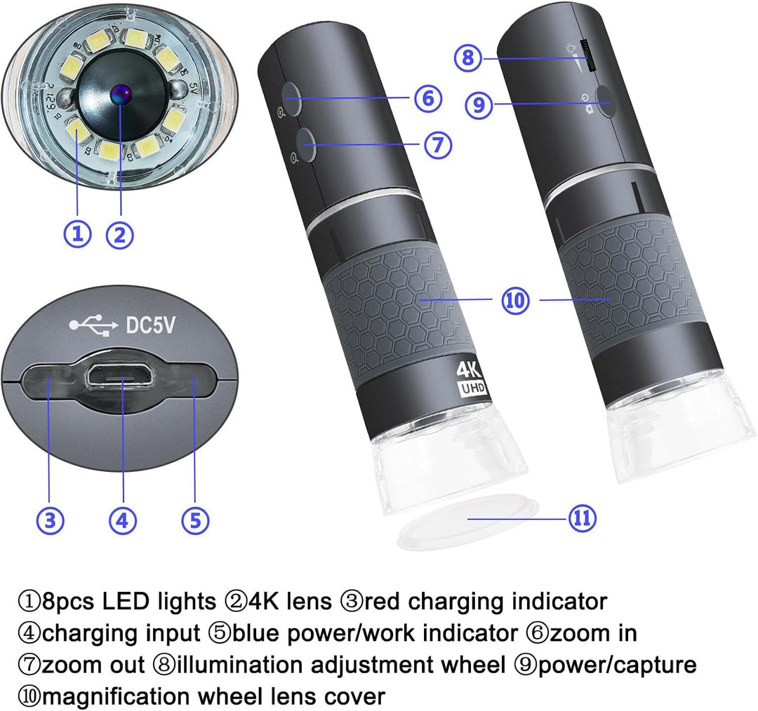 Jiusion WiFi USB Digitales Mikroskop, 50 bis 1000X Kabellose Vergrösserung Endoskop 4K 3840 x 2160P