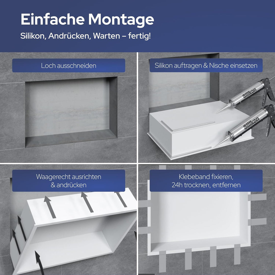 VILSTEIN Wandnische Dusche 30x90 cm [ROSTFREI] - Randlose Nische - Wandnische Weiss - Einbauregal fü