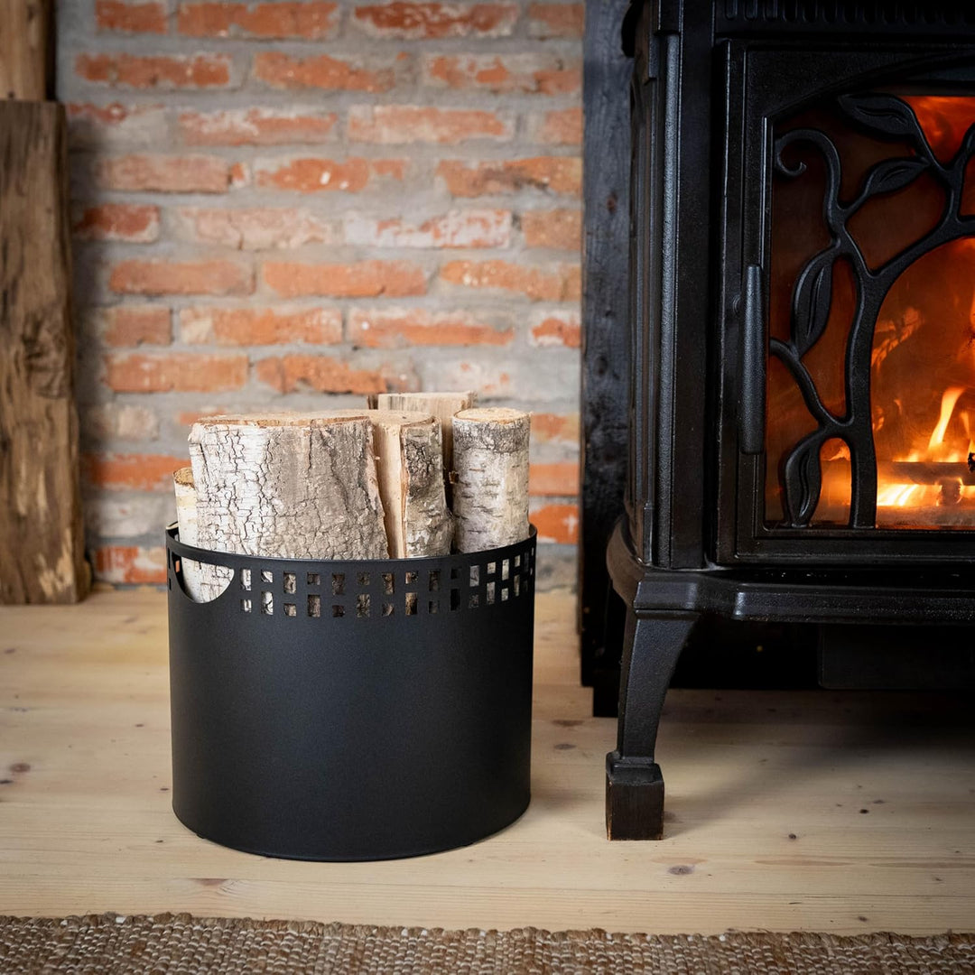 Kapaga – Kaminholzkorb 38 x 28 cm – Metall Schwarz pulverbeschichtet – Holzträger mit Muster – Robus