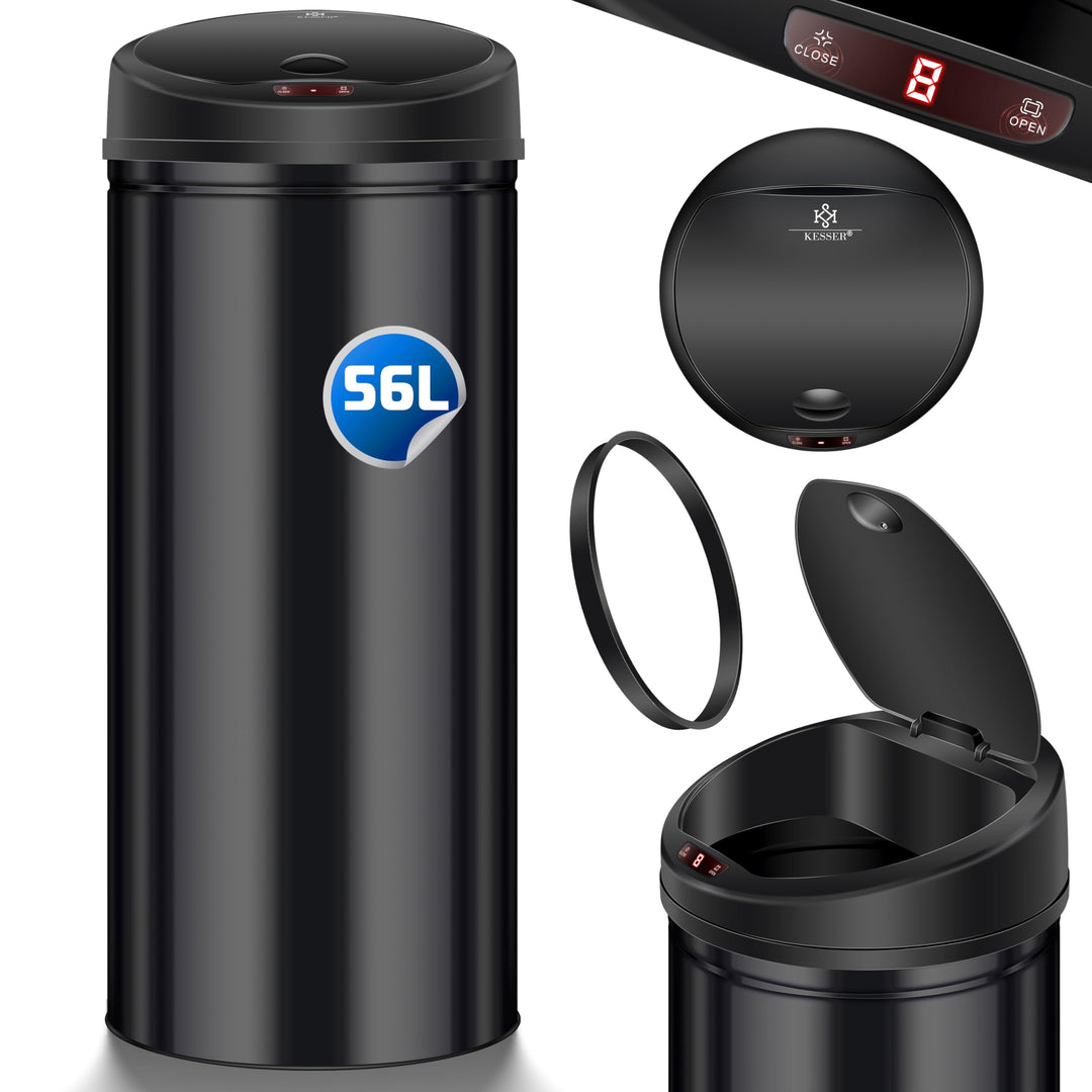 KESSER Sensor Mülleimer ✓ Automatik ✓ Abfalleimer ✓ Abfall | Edelstahl | 56 Liter SCHWARZ, 56 Liter
