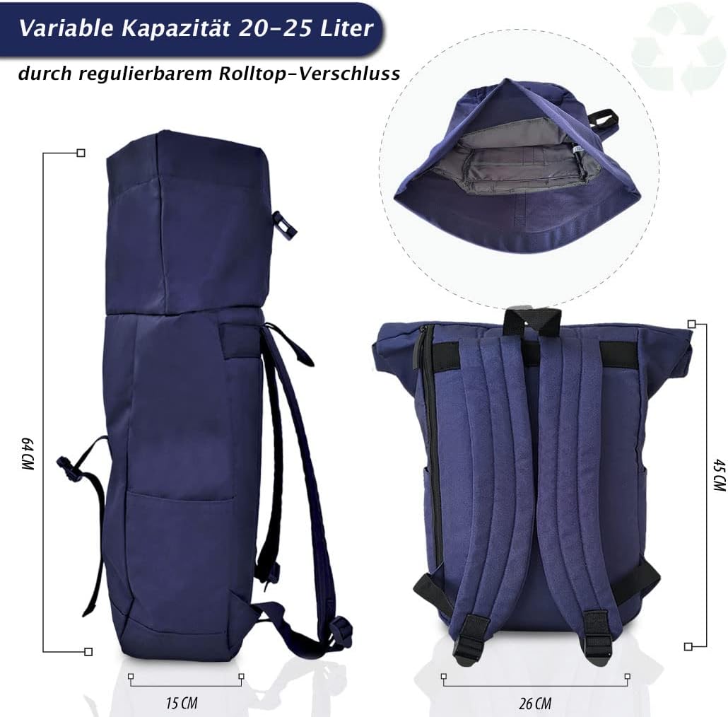 Bomence - Rolltop Rucksack für Damen &amp; Herren - Rucksack Rolltop aus recyceltem PET - Ultra leichter