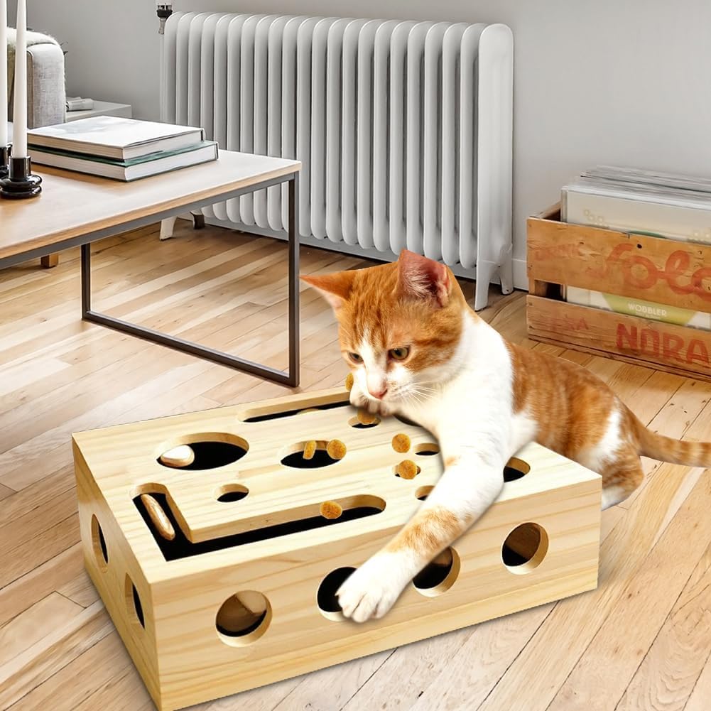 Beschäftigungsbox Krallenfeile Katzen, 30X25X8CM Kratzpuzzle Spielbox Holz Katzen, Interaktives Futt