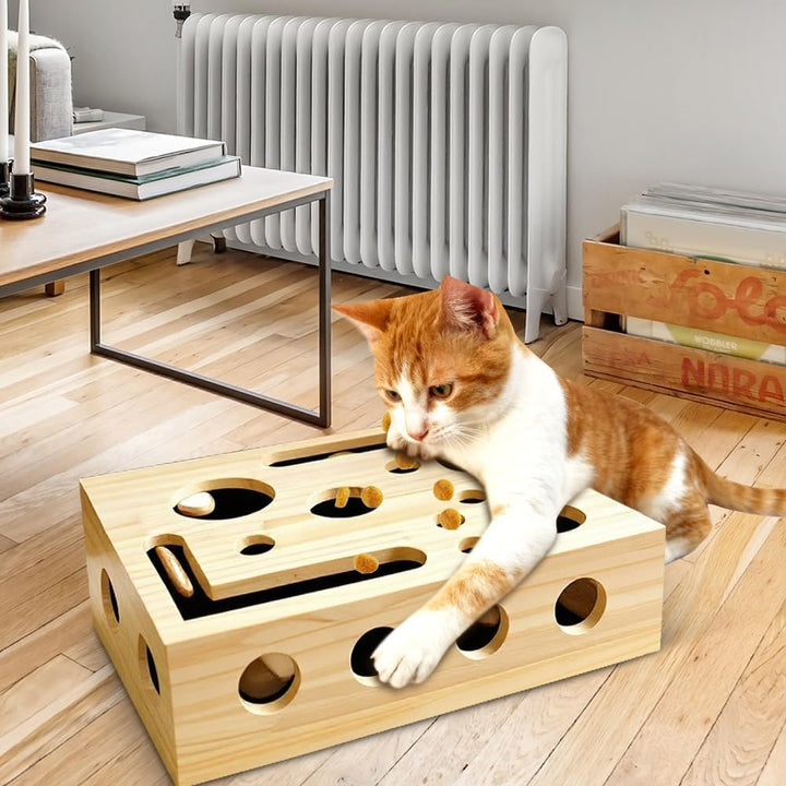 Beschäftigungsbox Krallenfeile Katzen, 30X25X8CM Kratzpuzzle Spielbox Holz Katzen, Interaktives Futt