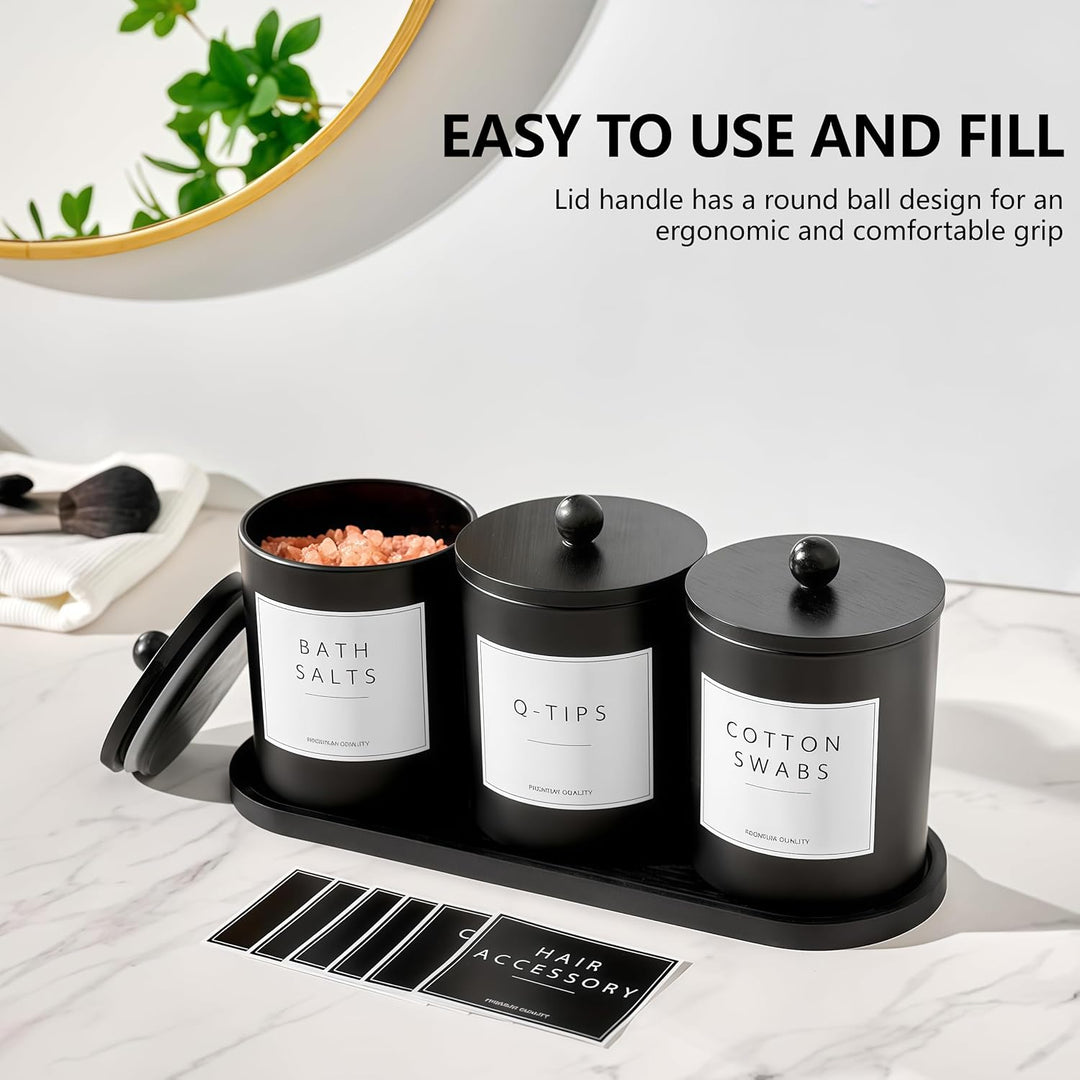 BIKALAN Glas Wattestäbchen Behälter, Schminktisch Badezimmer Organizer Set mit Tablett, Wattepadspen