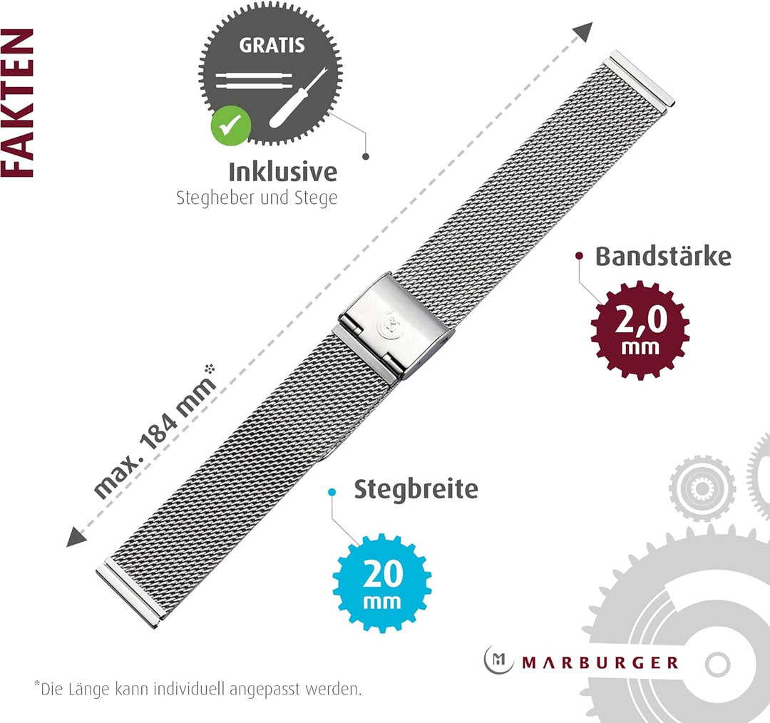 MARBURGER Uhrenarmband 20mm Edelstahl Silber - Werkzeug Montage Set 84904200020