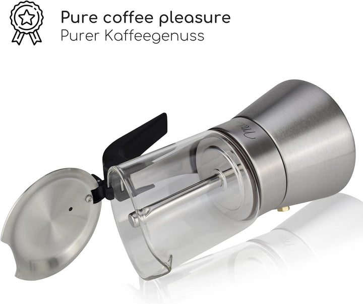 Milu Espressokocher Induktion geeignet | 4, 6 Tassen | Edelstahl Glas Mokkakanne, Espressokanne, Esp