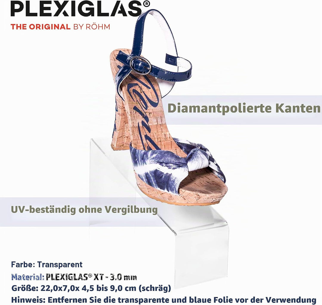 Warenträger-Set als Schuhständer (schräg) und Präsentationsdisplay, transparenter Verkaufsständer, D