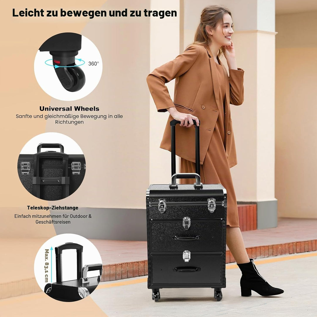 3 Schichten Kosmetikkoffer Trolley, Make Up Koffer Mit 2 Schubladen und 2 Schloss Friseurkoffer Gros