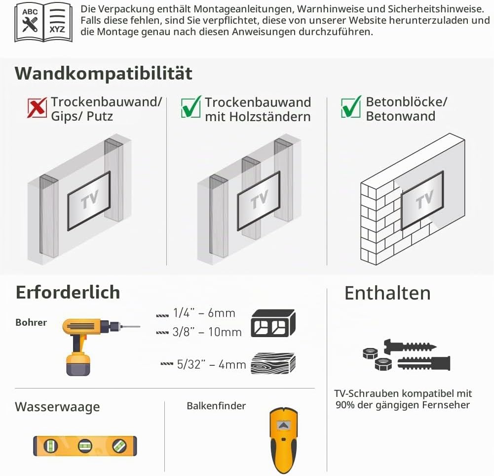 Barkan TV-Wandhalterung, flach, gebogen und bis zu 80 kg, patentiert, Touch- und Neigungswinkel, Sch