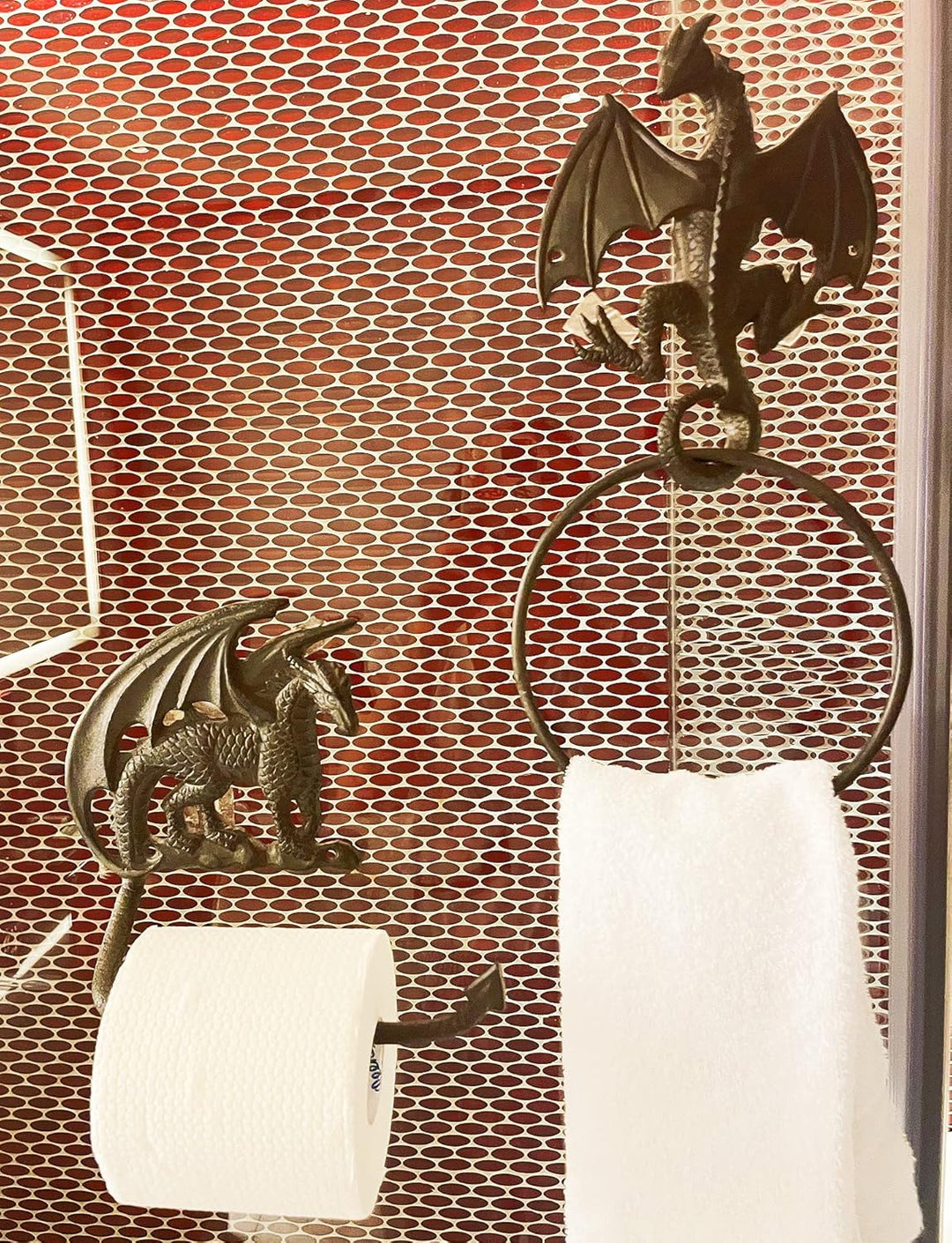 Gothic Dragon Toilettenpapierhalter und Handtuchring-Set, Wandmontage, dekoratives Badezimmerzubehör