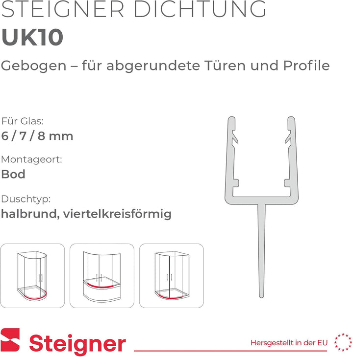 STEIGNER Duschdichtung, 120cm, Glasstärke 6/7/ 8 mm, Vorgebogene PVC Ersatzdichtung für Runddusche,