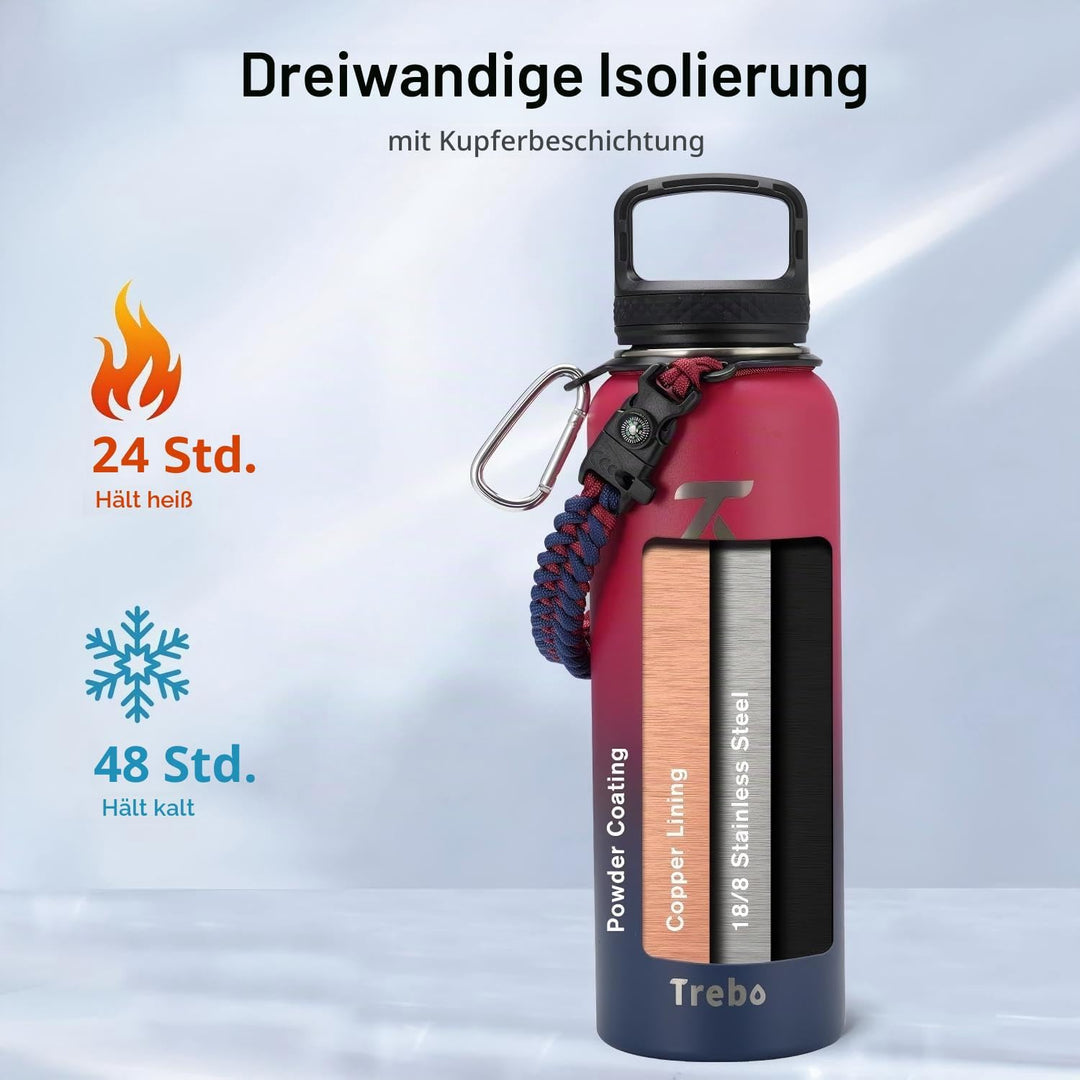 Trebo 1,2 l Wasserflasche mit 3 Deckeln und Griff, vakuumisoliert, Edelstahl, auslaufsicher, BPA-fre
