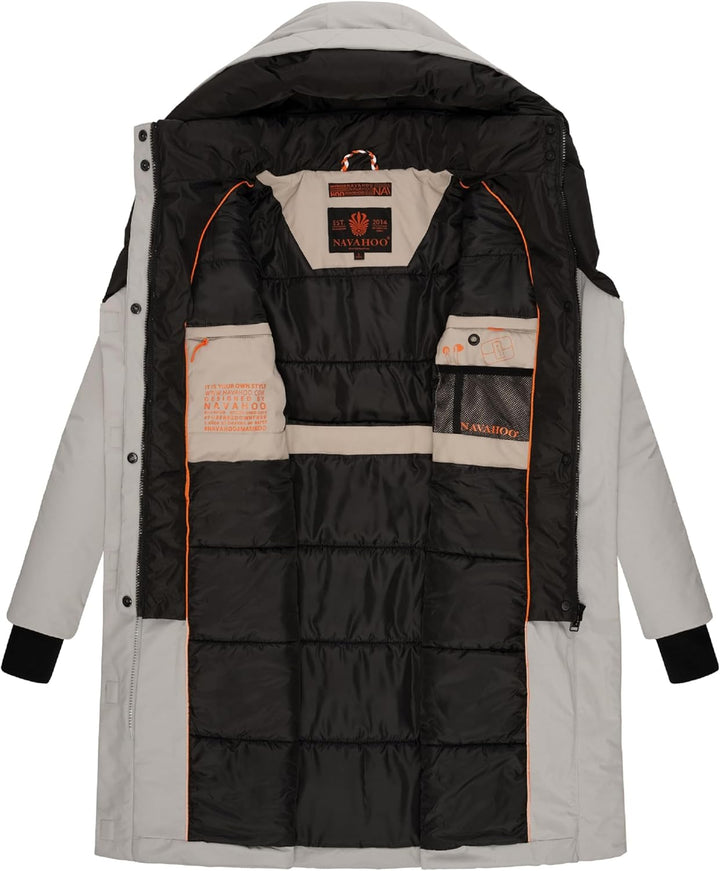 Navahoo Damen Mantel Lange warme Winter Steppjacke mit Kapuze und magnetischen Elementen Snowelf XS-