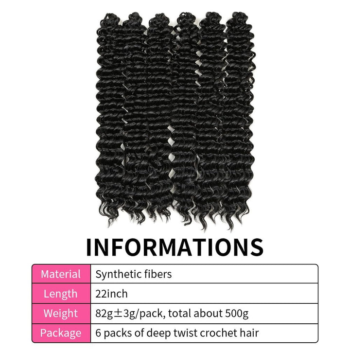 22 Zoll Deep Twist Häkelhaar 6 Packungen Ocean Wave Curly Bohemian Crochet Braids Deep Wave Haarbünd