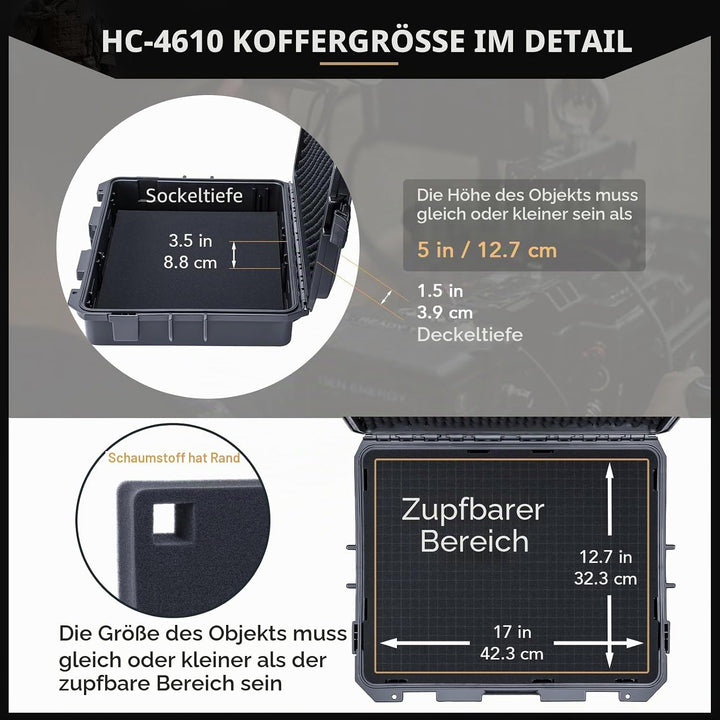 Lykus HC-4610 Wasserdicht Koffer mit Schaumstoff, Innengrösse 46x36x13 cm, geeignet für Kamera, Lapt