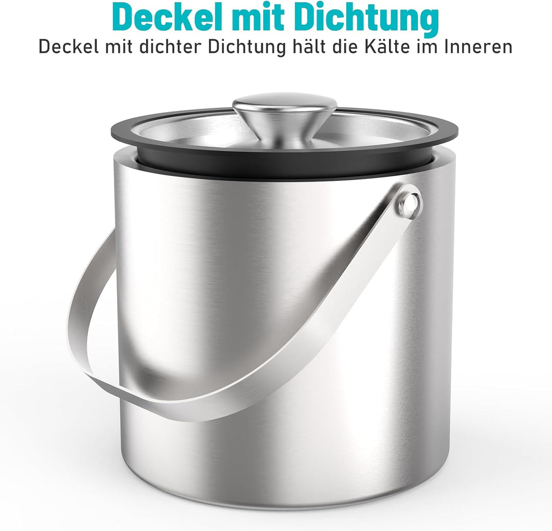 3L Eiswürfelbehälter mit Deckel, Schaufel & Zangen, Doppelwandig Edelstahl Isolierung Eiswürfel Behä
