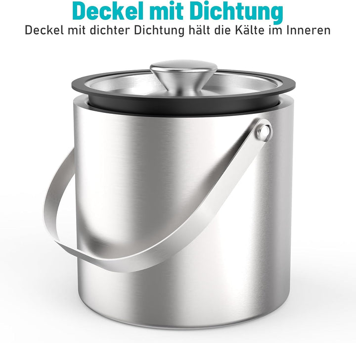 3L Eiswürfelbehälter mit Deckel, Schaufel & Zangen, Doppelwandig Edelstahl Isolierung Eiswürfel Behä