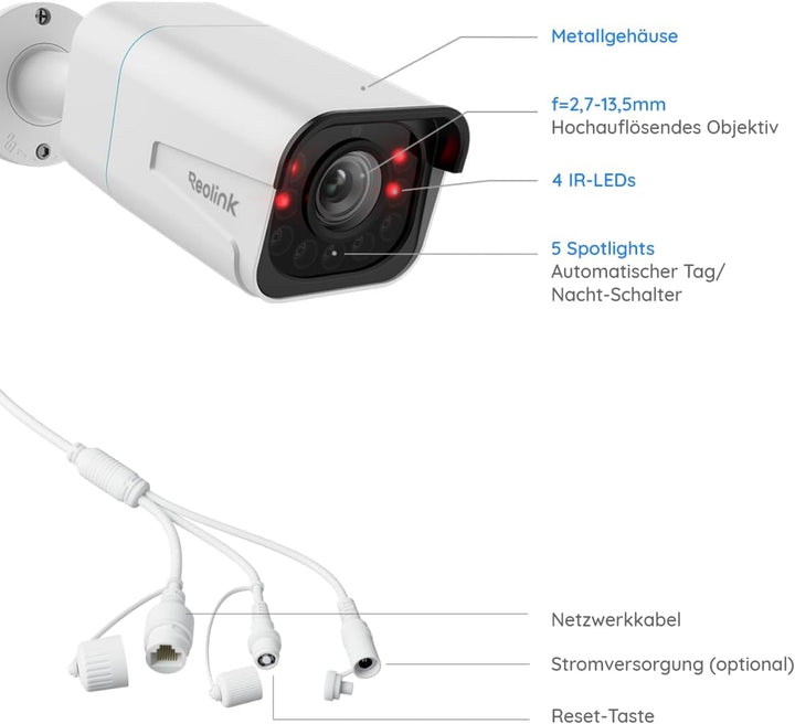 Reolink 4K Smarte PoE IP Kamera Outdoor mit Personen-/Autoerkennung, 5X optischer Zoom Überwachungsk