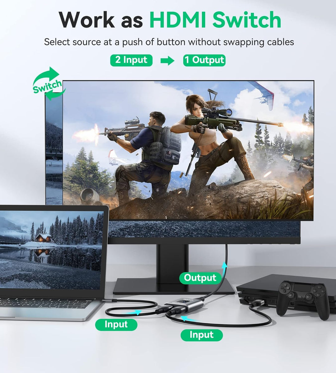 GANA HDMI-Switch 4 K 60 Hz – Bidirektionaler Schalter aus Aluminium, 2 Eingänge, 1 Ausgang/1 Eingang