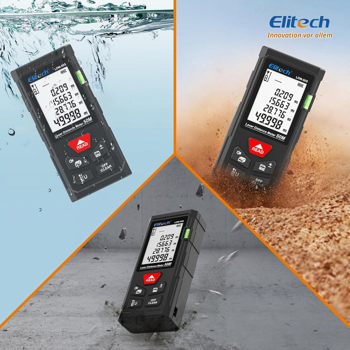 Elitech LDM-50-Series Laser Entfernungsmesser 50m Reichweite, ±2mm Genauigkeit, Flächen-/Volumen-/Py