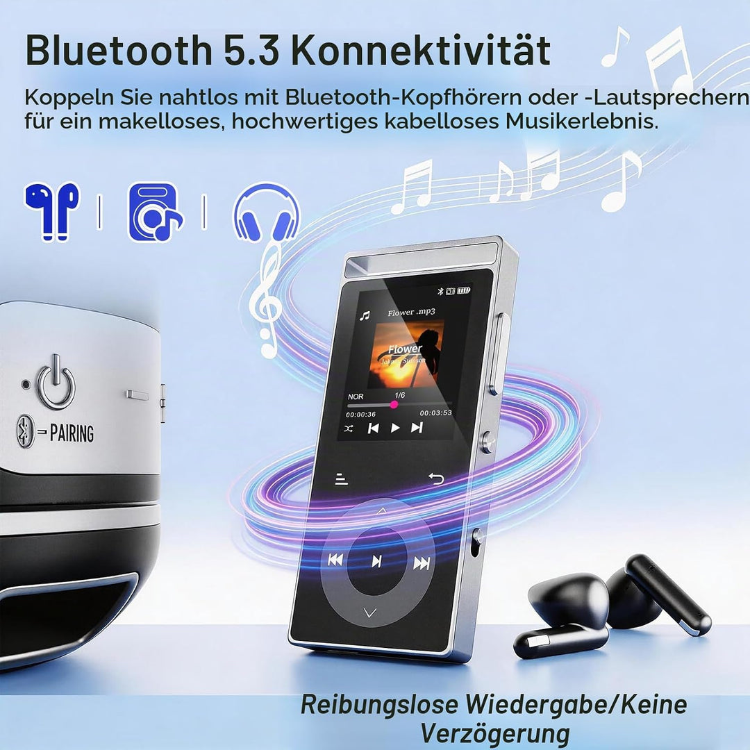 90GB MP3 Player Bluetooth 5.3, MP3-Player mit HiFi-Sound Touch-Tasten | MP3 mit Musik, Farbdisplay,