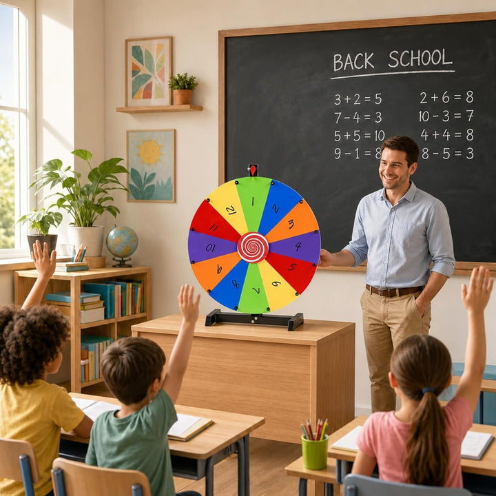 GOPLUS 60 cm Glücksrad mit Fächern, Preisrad-Spinner mit Ständer | Tisch-Glücksrad mit Radiergummi &amp;