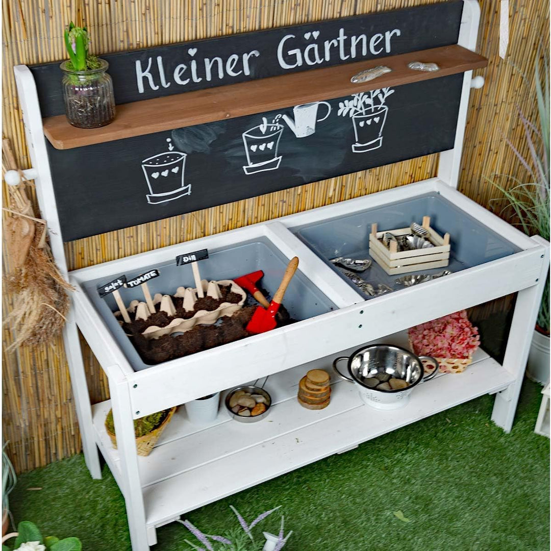 Meppi Matschküche Kleiner Gärtner aus Holz - Outdoorküche für Kinder mit Matschwannen - Pflanztisch