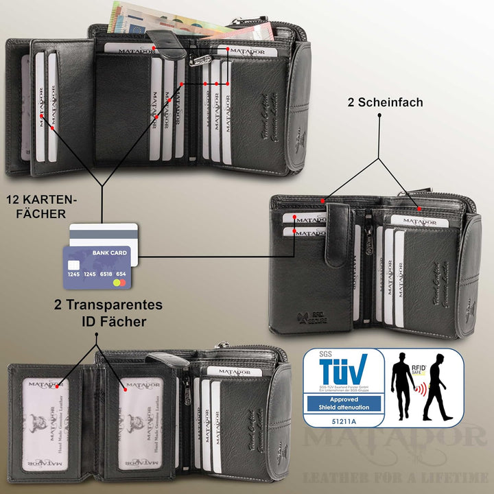 MATADOR Echt Leder Damen Geldbörse TüV Geprüfter RFID/NFC Schutz Brieftasche Frauen Kompakt Grösse P