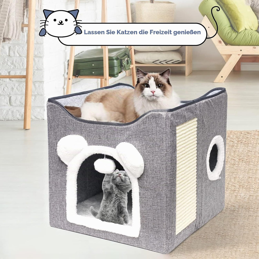 Katzenhaus, Hundehaus, faltbarer Katzenkorb mit 2 abnehmbaren Kissen, hängendem Ball und Kratzbrett,