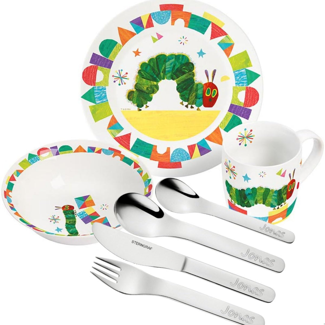 Kinder-Set Raupe Nimmersatt 7tlg. mit Gravur (z.B. Namen) personalisiertes Kinderbesteck + Kinderges