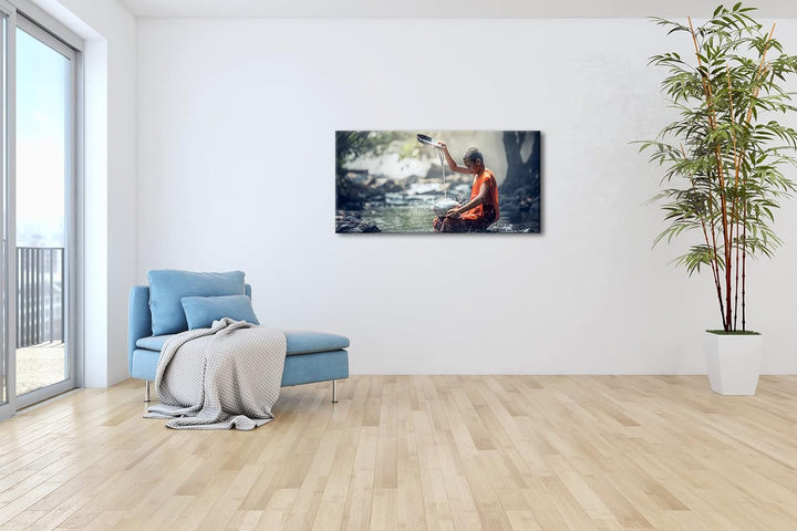 Buddhistischer Mönch Panorama 60x30 cm als Leinwandbild, Motiv fertig gerahmt auf Echtholzrahmen, Ho