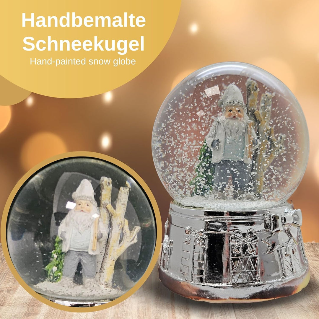 Schneekugel Weihnachten Spieluhr | Wichtel grau weiss im Winterwald | Sockel Silber | Höhe: 140mm, B