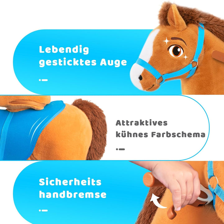 PonyCycle Pferd zum reiten, für Kinder 3–4 Jahre, 76cm Hoch, Reitpferd auf Rollen mit Handbremse, Sc