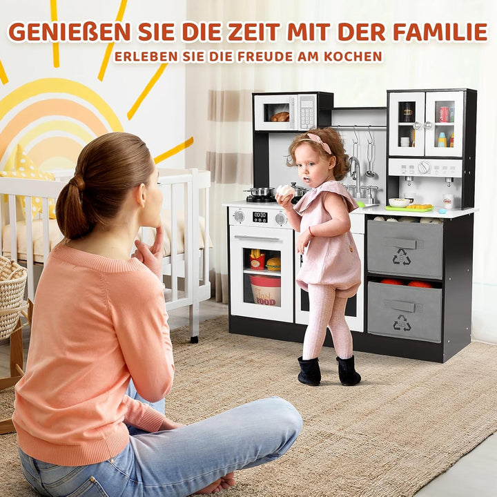 MAMIZO Kinderküche Holz, Spielküche mit Licht und Sound, Puppenküche Holz für Kinder, 90x30x90 cm ki