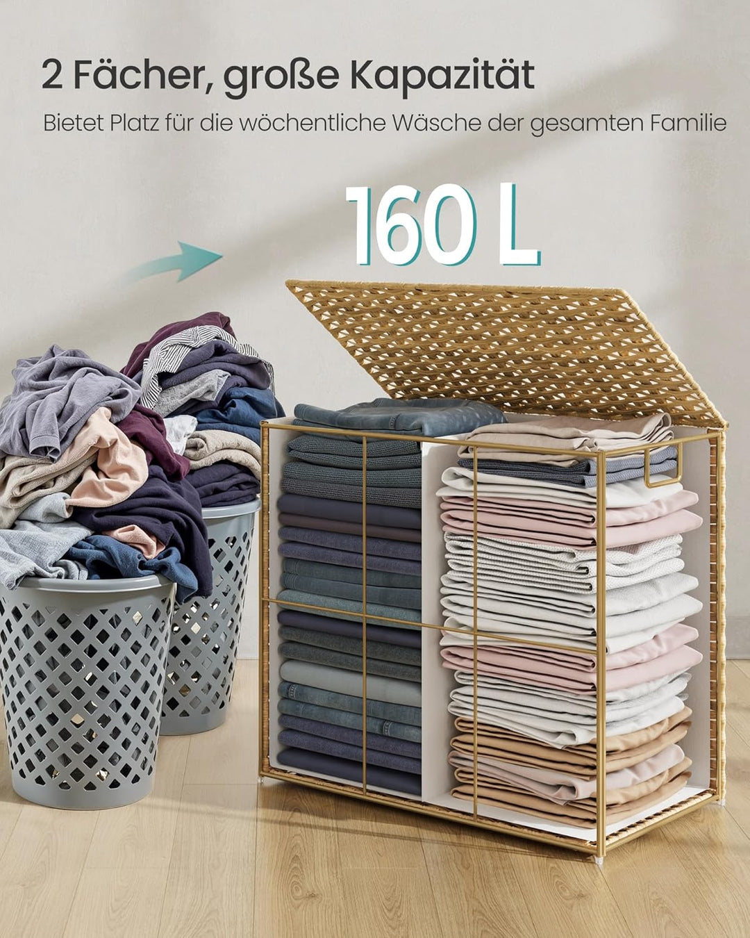 SONGMICS Wäschekorb 2 Fächern, Wäschesammler 160 L, Wäschebox aus synthetischem Rattan, mit Deckel u