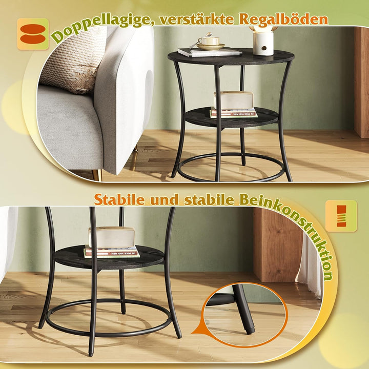 WLIVE Runder Beistelltisch Schwarz, Couchtisch Schwarz mit Holzwerkstoff, Metallrahmen, Industrie-De