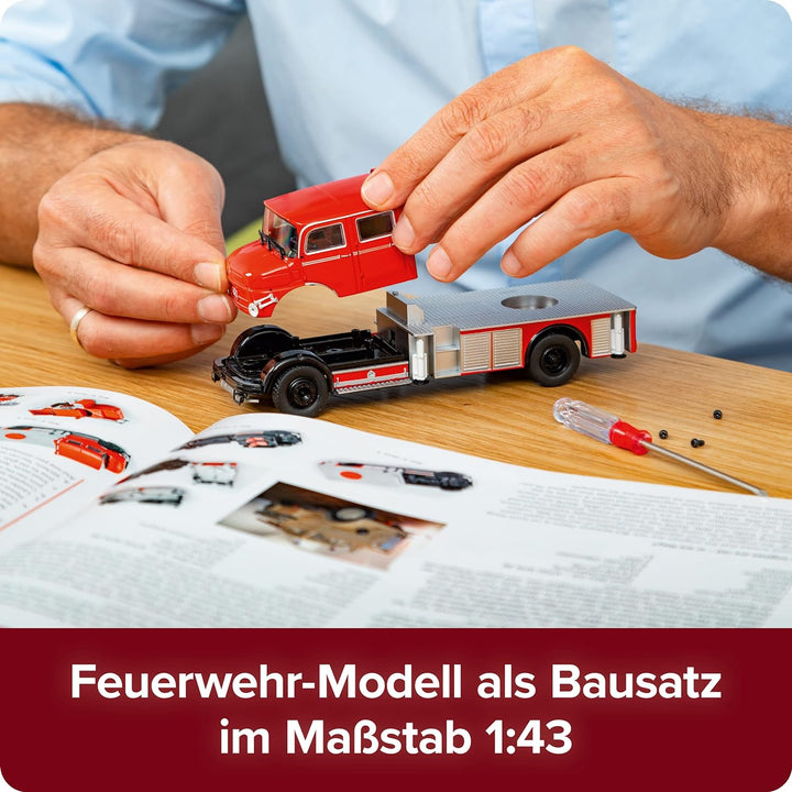 FRANZIS 67206 - Feuerwehr Adventskalender, Metall Modellbausatz des Mercedes-Benz L1519 im Massstab