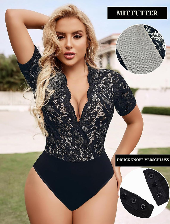 Avidlove Damen Lace Body Sexy Kurzarm Bodysuit Bluse V Ausschnitt Mesh Tops Elegante Oberteile Mit S