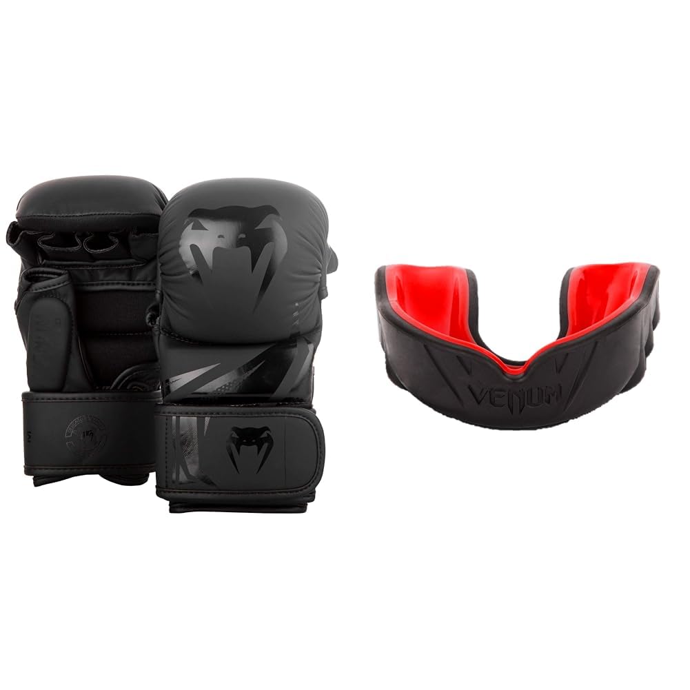 Venum Challenger 3.0 Mma Sparring Handschuhe, Schwarz/Schwarz, M Bundle mit Mundschutz, Bundle mit M