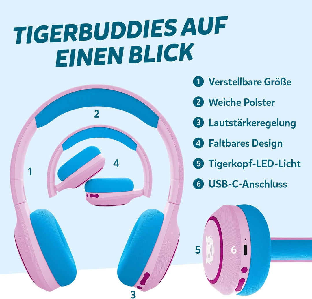 tigermedia tigerbuddies Bluetooth Kopfhörer Kinder | Faltbare Kinder Kopfhörer ab 4 Jahren | Mit Lau
